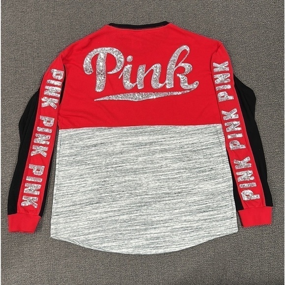 VS Pink Long Sleeve Crew Neck Top - Silver Bling - Size Medium - Picture 7 of 8